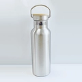 Detailed view of silver stainless steel water bottle with bamboo lid and metal handle - Stainless Steel Silver