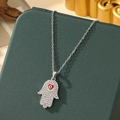 Hamsa Hand necklace with red heart and evil eye pendant in polished silver finish - A6-Silver