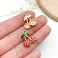 DIY sweet cherry alloy charm with red rhinestones and green leaves for jewelry making - KC Gold Red Enamel Rhinestone Cherry (23399)