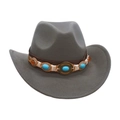 Kids grey felt western jazz hat with turquoise beaded brown leather band accessory - Kids Size (52-54cm) / Gray