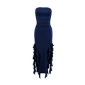 Detail of dark blue tube maxi dress showing slim fit ruching and ruffled mermaid hemline - Dark Blue