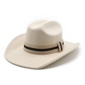 Détail du chapeau de cowboy en feutre de laine beige avec couronne et ruban tissé rayé - M (56-58cm) / Beige