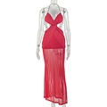 Detail of red halter mesh dress showing crossover waist cut-outs and sheer floor-length hem - S / Red
