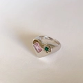 Silver S925 heart ring with pink rectangle and green star gems in sweet cool style - Adjustable Open / Pink Square and Green Star Style (J2180)