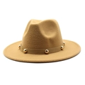 Detail of khaki fedora hat featuring wool felt texture and golden metal rivets on the band - M(56-58cm) / Camel