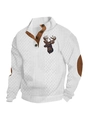 White Christmas sweater with deer print, brown stand collar and elbow patches - S / Tops / White (Deer Pattern 5)