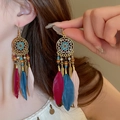 Bohemian fringe earrings with colorful feathers and golden leaf charms for women - Gold Ear Hook / Red-Blue