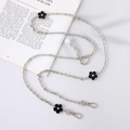 Silver metal chain strap with black flowers and white pearl charm for crossbody bags - K3224 Silver Detachable Crossbody Chain Black Flower / Long Style