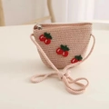 Pink straw crossbody bag for girls with cherry embroidery and adjustable rope strap - Cherry Bag / Pink