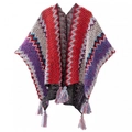 Ethnic knit shawl with colorful zigzag patterns and tassel details in red and purple - Cardigans / New Red