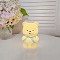 Cartoon bear night light in white finish with a blue plaid bow tie and warm glow - Small Bear White - Blue