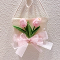 Straw woven mini crossbody bag with pink tulips and a large sheer bow ornament - A13 Pink Bow Crossbody Bag