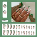 Long ballerina press-on nails with green glitter and wave patterns, 24-piece set - Green Glitter Texture (W1174)
