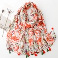 Orange ethnic floral cotton linen scarf shawl with green tassels and leaf patterns - Red Orange & Green Leaf Floral (SL2402-006)
