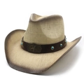 Straw cowboy hat with turquoise leather band and star buckle on white background - M (56-58cm) / Beige Brown