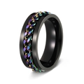 Men's black titanium spinner ring with rainbow chain inlay for stress relief - Black + Multi-color