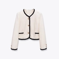 Veste classique en tweed crème avec bordures noires et boutons dorés pour femmes - XS / Blanc Cassé
