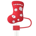 Red Christmas stocking silicone straw topper with white snowflakes for 10mm straws - Red Christmas Sock