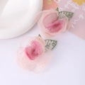 Floral earrings in pink gradient lace fabric with green mesh leaves for women - E4074 Pink Rose Red Gradient Fabric Rose