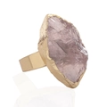 Golden wide band ring featuring a large irregular raw pink crystal stone with gold trim - Adjustable Open / Gold Natural Rose Quartz Raw