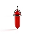 Macro detail of red hexagonal crystal pendant with silver metal bail on white background - Red