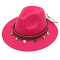 Detailed view of magenta wool fedora with ethnic style silver coins and woven band - Rose Red