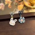 Asymmetric rabbit and flower stud earrings with heart-shaped hooks and enamel finish - 77# Asymmetric Studs