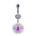 Close-up of rainbow surgical steel belly button ring with sunflower pendant and zircon - Rainbow Sunflower