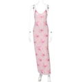 Detail of pink floral maxi dress with slim fit, V-neckline and delicate spaghetti straps - S / Pink