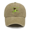 Close-up of khaki washed cotton baseball cap with cartoon frog embroidery detail - M (56-58cm) / Khaki