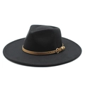 Close-up of black wool fedora with brown leather band and golden metal buckle detail - M (56-58cm) / Black