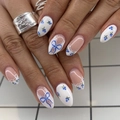 Short almond press-on nails with blue berry patterns, bows and white lace details - Blue Berry Bow Lace Style(JP3910)