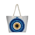 Detail of white canvas beach tote with mosaic evil eye pattern and rope handles - Mosaic Geometric Evil Eye (11)