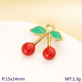 Enameled red cherry fruit charm pendant with green leaf and golden metal frame - Cherry Style A (KLJ10177-ZLA)
