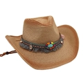 Detail of straw cowboy hat with ethnic bead band, turquoise stone and grey tassel - Camel + Red Brown (Ethnic Style)