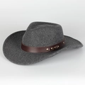 Close-up of dark grey wool felt fedora featuring a brown leather band and metal rivets - Adjustable / Dark Gray