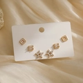 Three pairs of 18K gold plated zircon stud earrings with star and square designs on card - Star/Square Style (45592)