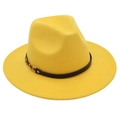 Close-up of bright yellow wool fedora hat featuring black leather belt and gold buckle - One Size / Yellow (Single Band)