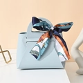 Light blue faux leather wedding favor bag with dark blue floral silk scarf bow handle - Light Blue (Dark Blue Ribbon)