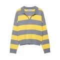 Jersey polo de punto de rayas amarillas y grises para mujer con manga larga y cuello V - S / Rayas Amarillas y Grises