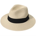 Foldable beige straw Panama hat featuring a wide black ribbon band for sun protection - Adjustable / Beige