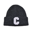Close-up of charcoal gray knit beanie with a white plush letter C patch detail - Grey with White Label
