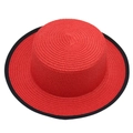 Top view of red woven boater hat with black ribbon edge detailing and straw texture - Red