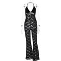 Sexy zwarte kanten jumpsuit met halternek opengewerkte details en een open rug - M / Zwart