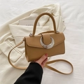 Elegant camel textured leather crossbody bag with silver crescent metal hardware and handle - Khaki