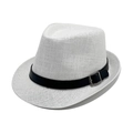Cappello di paglia bianco stile Fedora con fascia in ecopelle nera e fibbia - M (56-58cm) / Bianco
