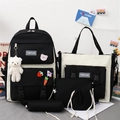 5-piece set canvas school backpack for women with large capacity and cartoon bear pendant - Black & White 5-Piece Set