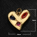 Macro view of 16mm gold heart pendant with colorful cubic zirconia and dimension labels - Triple Color Gem Heart Style (A0041)