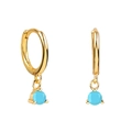 Detail of S925 sterling silver gold hoop earring featuring a round turquoise stone drop - Minimalist Round Bead Blue Stone Gold (21)
