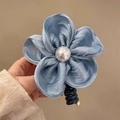 Blue satin flower hair claw clip with large pearl center and gold metal spiral base - Blue Flower Telephone Wire Hair Tie